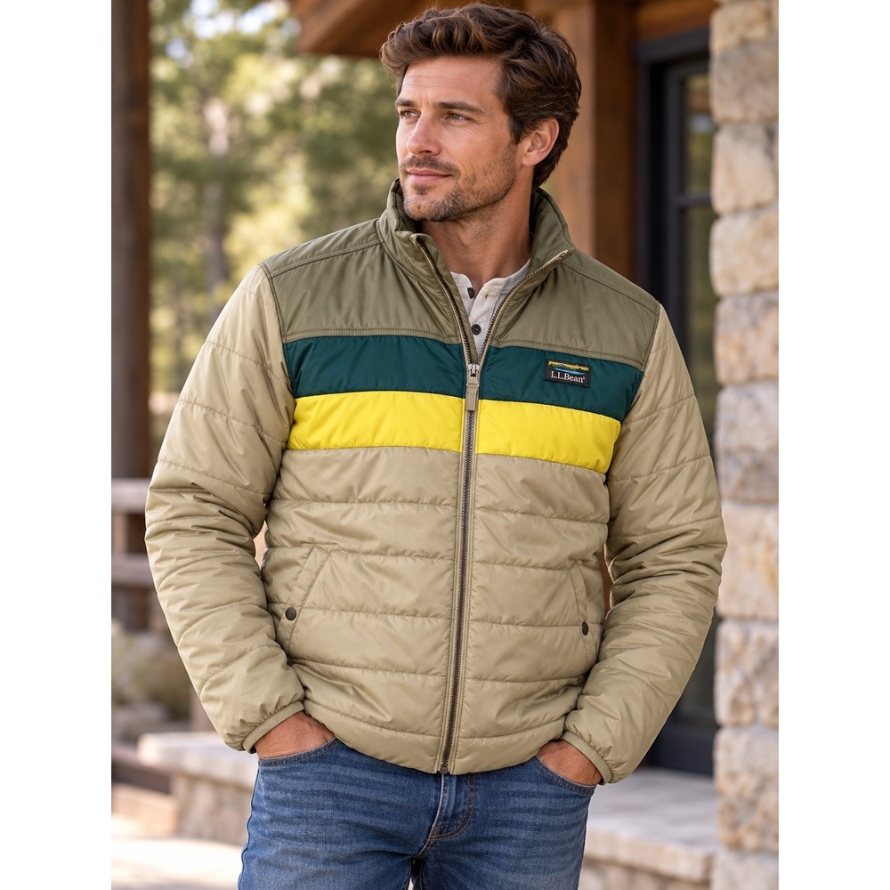 LL Bean Mens Mountain Classic Puffer Jacket Dark Mushroom Colorblock 512406 S